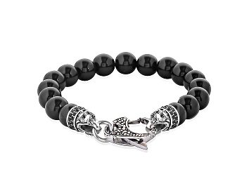 Picture of Invicta Jewelry Men's Polished Onyx Stone Antiqued Clasp Bead Bracelet (10mm) - 8.5"