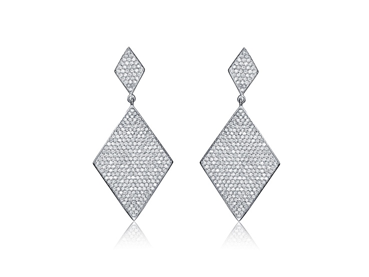 Clear Cubic Zirconia, Rhodium Plated over Sterling Silver Geometric Drop Earrings
