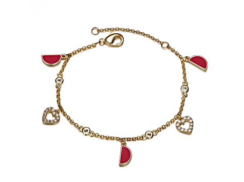 Clear Cubic Zirconia, Kids 14k Yellow Gold Plated over Brass Red Enamel Moon Heart Charm Bracelet