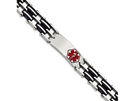 Stainless Steel Black Rubber Red Enamel 8.25-inch Medical Bracelet