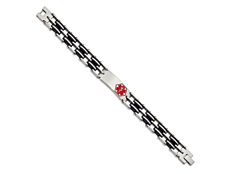 Stainless Steel Black Rubber Red Enamel 8.25-inch Medical Bracelet