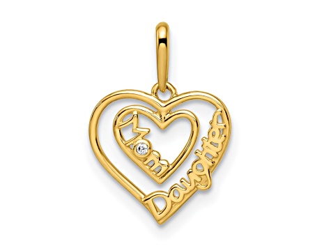 14K Yellow Gold Cubic Zirconia Mom and Daughter Heart Pendant