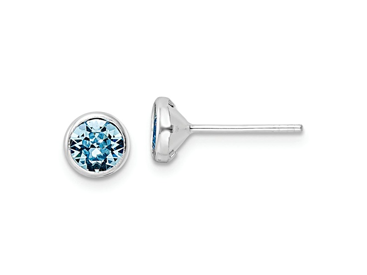 Rhodium Over Sterling Silver Polished Blue Crystal Bezel Stud Earrings