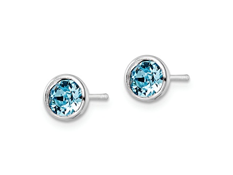 Rhodium Over Sterling Silver Polished Blue Crystal Bezel Stud Earrings