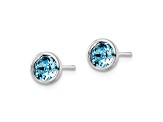 Rhodium Over Sterling Silver Polished Blue Crystal Bezel Stud Earrings