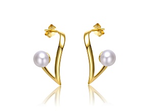 White Freshwater Pearl, 14K Yellow Gold Plated over Sterling Silver Open Geometric Earrings