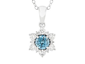Blue And White Lab-Grown Diamond F-G SI 14K White Gold Flower Pendant With Cable Chain 0.75ctw