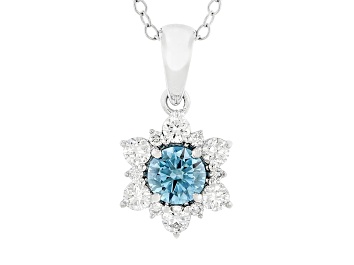 Picture of Blue And White Lab-Grown Diamond F-G SI 14K White Gold Flower Pendant With Cable Chain 0.75ctw