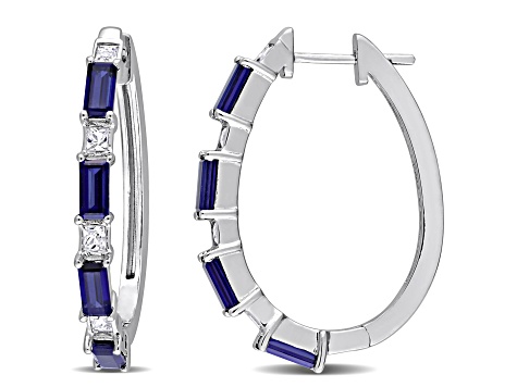 3.63ctw Created Blue and White Sapphire Oval Hoop Earrings in Sterling Silver