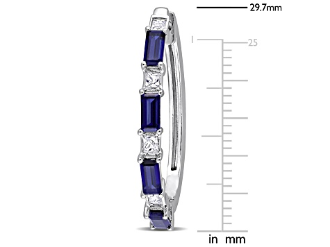3.63ctw Created Blue and White Sapphire Oval Hoop Earrings in Sterling Silver