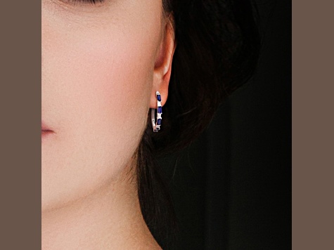 3.63ctw Created Blue and White Sapphire Oval Hoop Earrings in Sterling Silver