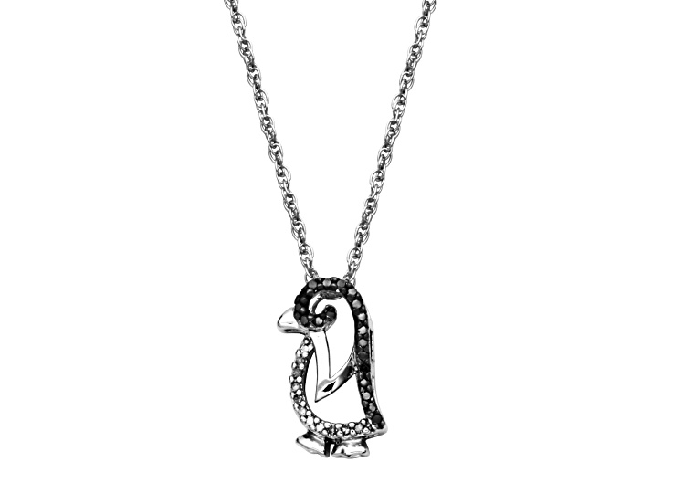 Black And White Diamond Rhodium Over Sterling Silver Penguin Pendant with Chain 0.15ctw