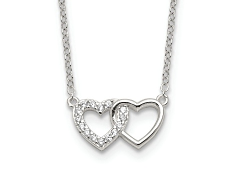 Sterling Silver E-Coating Cubic Zirconia Double Heart 16-inch with 2-inch Extension Necklace