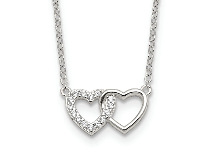 Sterling Silver E-Coating Cubic Zirconia Double Heart 16-inch with 2-inch Extension Necklace