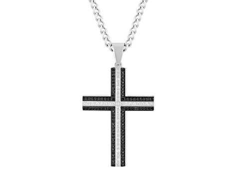 Stainless Steel and 0.33ctw Diamond and 0.50ctw Black Sapphire Cross Pendant With Chain