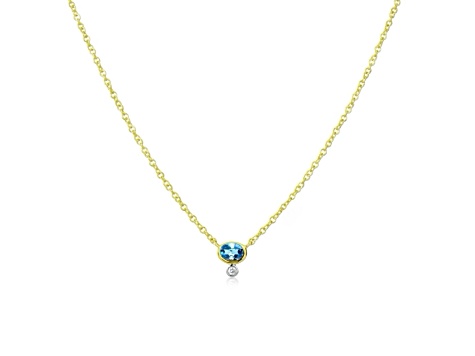 14kt Yellow Gold Diamond and Blue Topaz Oval Gemstone Necklace 16 inches adjustable to 18 inches