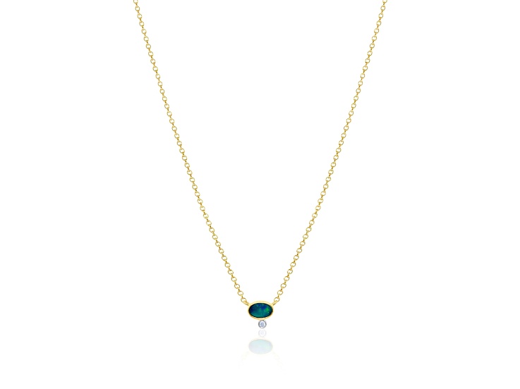 14kt Yellow Gold Diamond and Opal Oval Gemstone Necklace 16 inches adjustable to 18 inches
