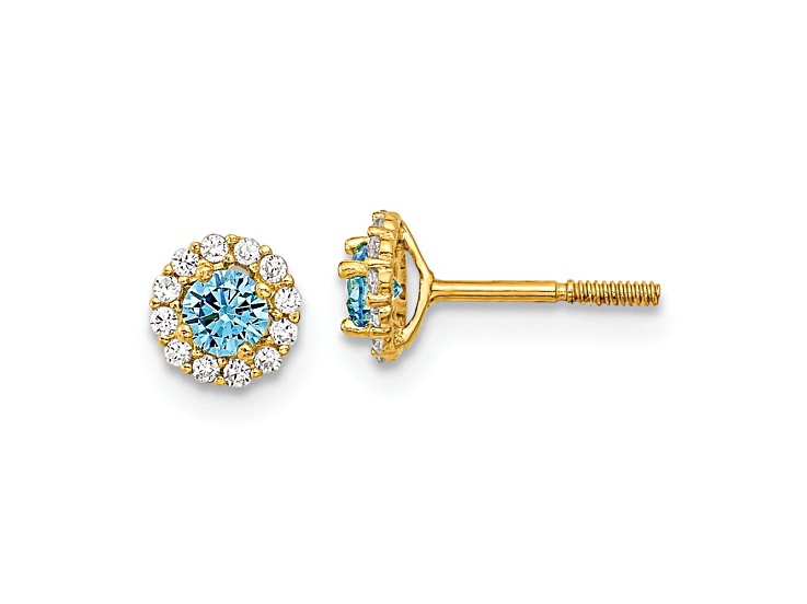 14K Yellow Gold 5.35mm Polished Blue and Clear Cubic Zirconia Stud