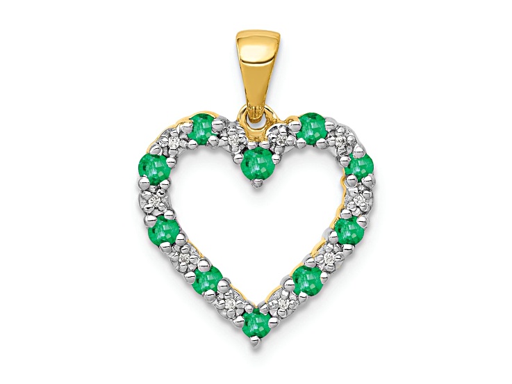 14k Yellow Gold and Rhodium Over 14k Yellow Gold Diamond and Emerald Heart Pendant