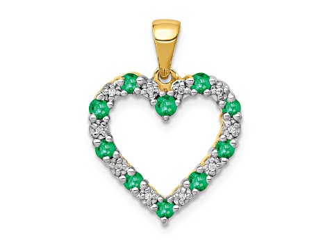 14k Yellow Gold and Rhodium Over 14k Yellow Gold Diamond and Emerald Heart Pendant