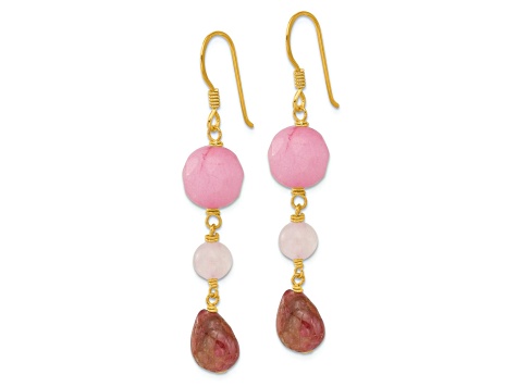 14K Gold Over Sterling Silver Jadeite, Rose Quartz, and Tourmaline Earrings