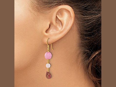 14K Gold Over Sterling Silver Jadeite, Rose Quartz, and Tourmaline Earrings