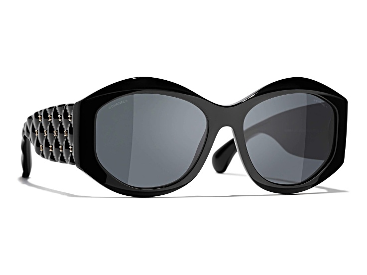 Chanel Oval Black Quilted Arm Frame / Gray Lenses Sunglasses