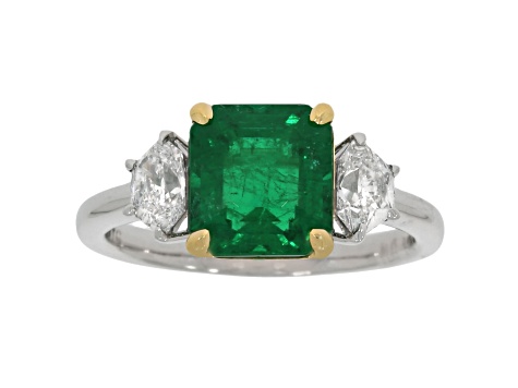 Emerald Step Cut Green Emerald and White Diamond Platinum Ring. 3.19 CTW