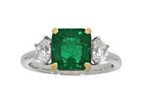 Emerald Step Cut Green Emerald and White Diamond Platinum Ring. 3.19 CTW