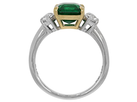 Emerald Step Cut Green Emerald and White Diamond Platinum Ring. 3.19 CTW