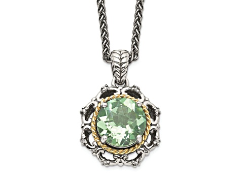 Sterling Silver with 14K Accent Antiqued Green Quartz and Diamond Necklace