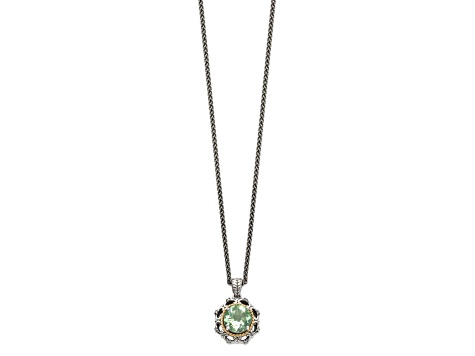 Sterling Silver with 14K Accent Antiqued Green Quartz and Diamond Necklace