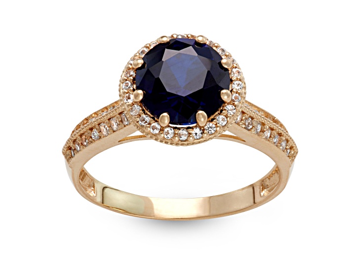 Lab Created Blue Sapphire with White Sapphire 10K Yellow Gold Halo Ring 2.52ctw