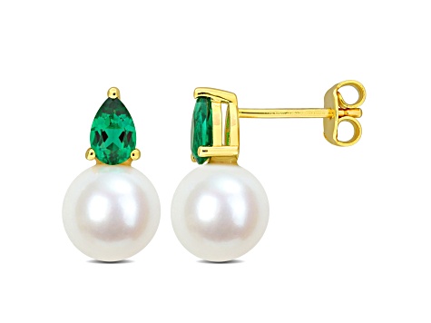 8.5-9MM FW Cultured Pearl and 4/5 CT TGW Created Emerald Earrings in Yellow Plated Sterling Silver