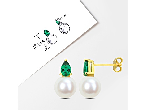 8.5-9MM FW Cultured Pearl and 4/5 CT TGW Created Emerald Earrings in Yellow Plated Sterling Silver