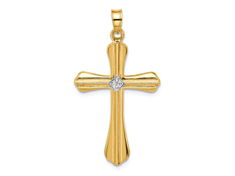 14K Yellow Gold Polished and Grooved Hollow Diamond Cross Pendant