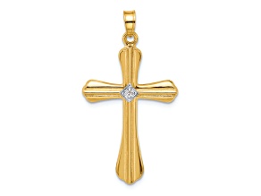 14K Yellow Gold Polished and Grooved Hollow Diamond Cross Pendant
