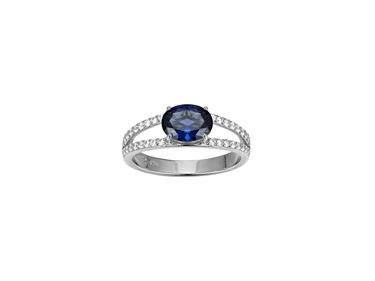 Lab Created Blue Sapphire And White Cubic Zirconia Platinum Over Sterling Silver Ring 1.72ctw
