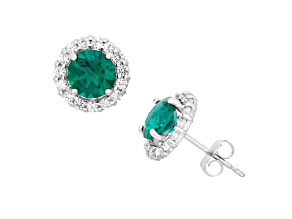 Lab Created Emerald 10K White Gold Halo Earrings 1.85ctw