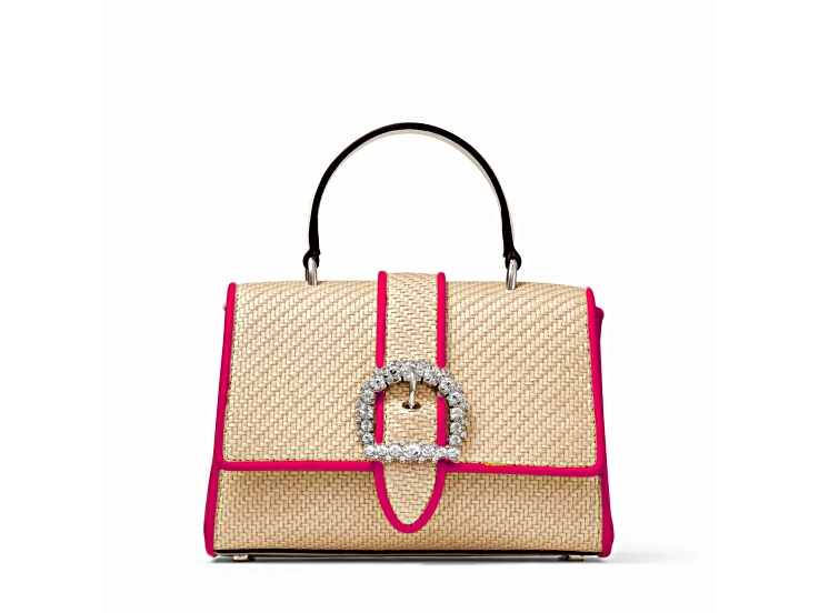 Jimmy Choo Cheri Crystal Medium Top Handle Bag Raffia Pink Leather  