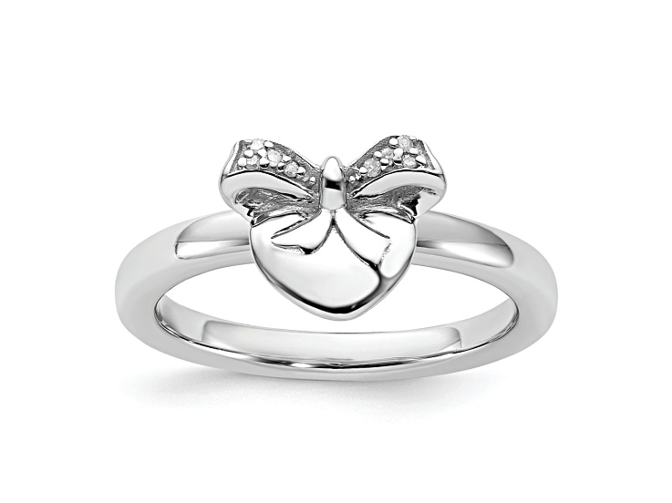 Rhodium Over Sterling Silver Stackable Heart with Bow Diamond Ring