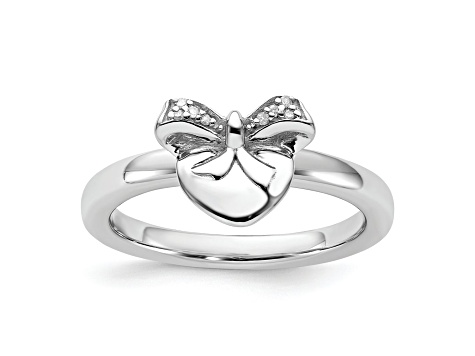 Rhodium Over Sterling Silver Stackable Heart with Bow Diamond Ring