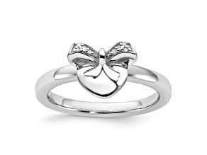 Rhodium Over Sterling Silver Stackable Heart with Bow Diamond Ring