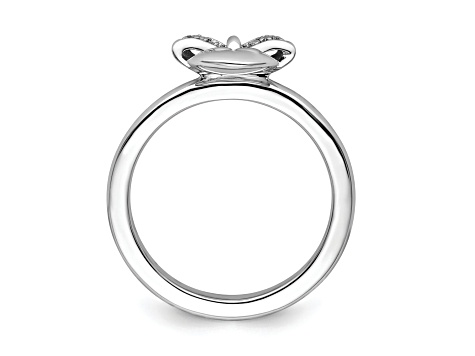 Rhodium Over Sterling Silver Stackable Heart with Bow Diamond Ring