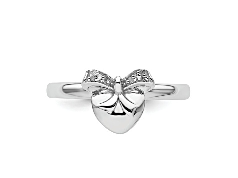 Rhodium Over Sterling Silver Stackable Heart with Bow Diamond Ring
