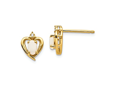 10k Yellow Gold Diamond and 0.58ctw Opal October Birthstone Heart Stud Earrings