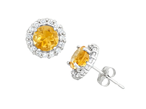 Round Citrine 10K White Gold Halo Earrings 1.85ctw