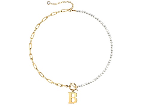 14K Gold Over Brass Initial Pearl Simulant Link Chain Necklace Letter B