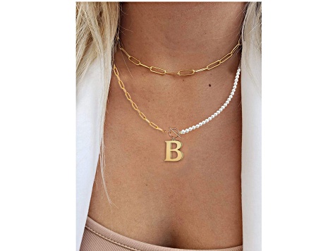 14K Gold Over Brass Initial Pearl Simulant Link Chain Necklace Letter B