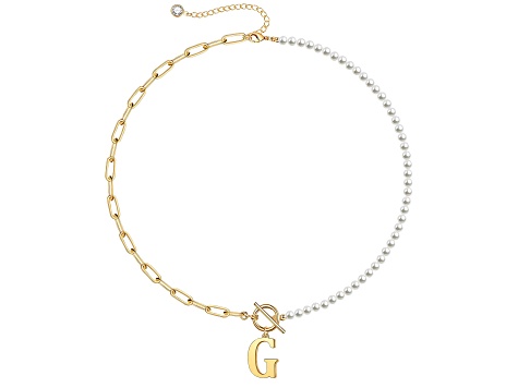 14K Gold Over Brass Initial Pearl Simulant Link Chain Necklace Letter G